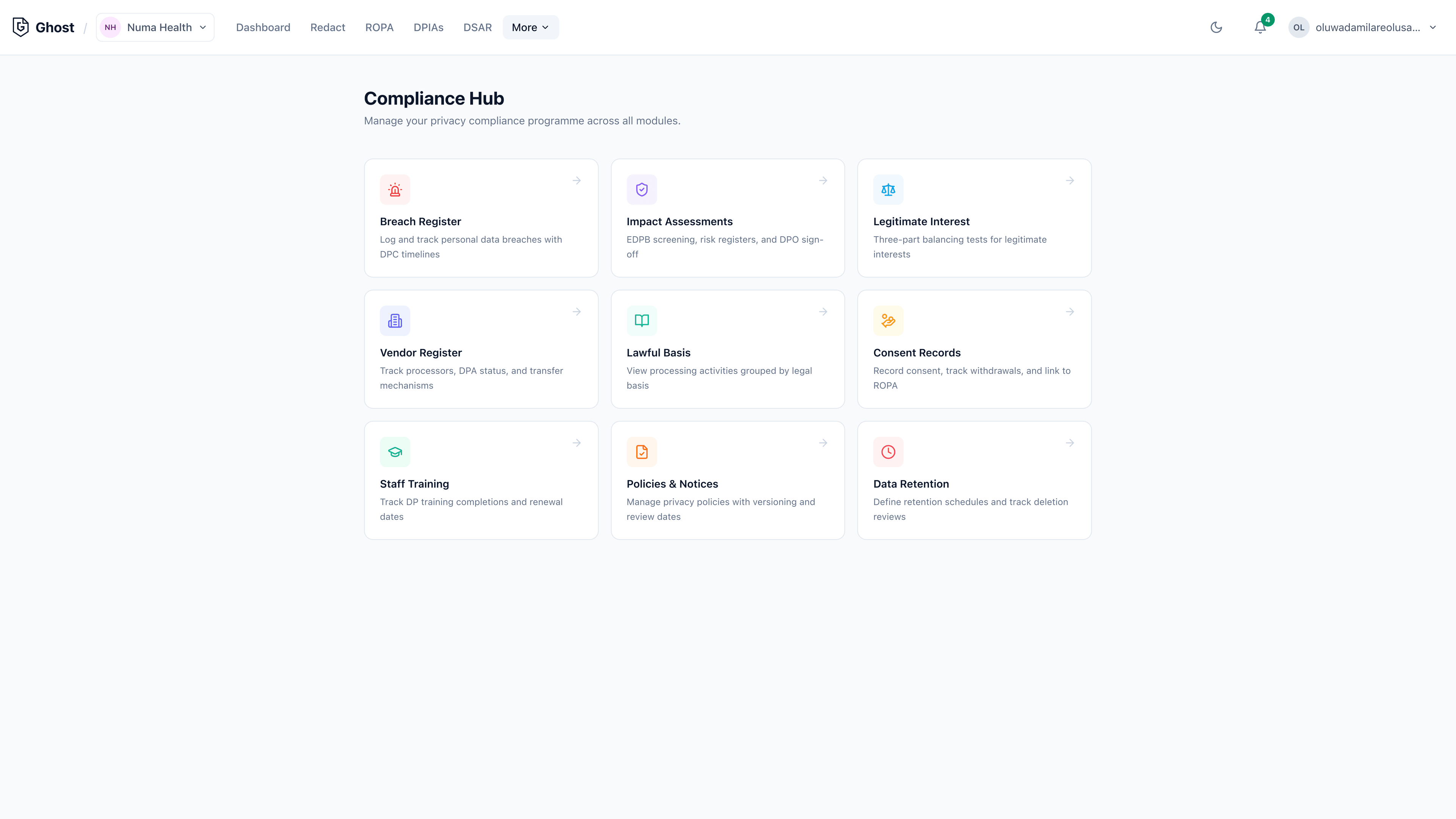 Ghost Compliance Hub: DPO workspace with Article 30 register, DSARs, DPIAs and audit log