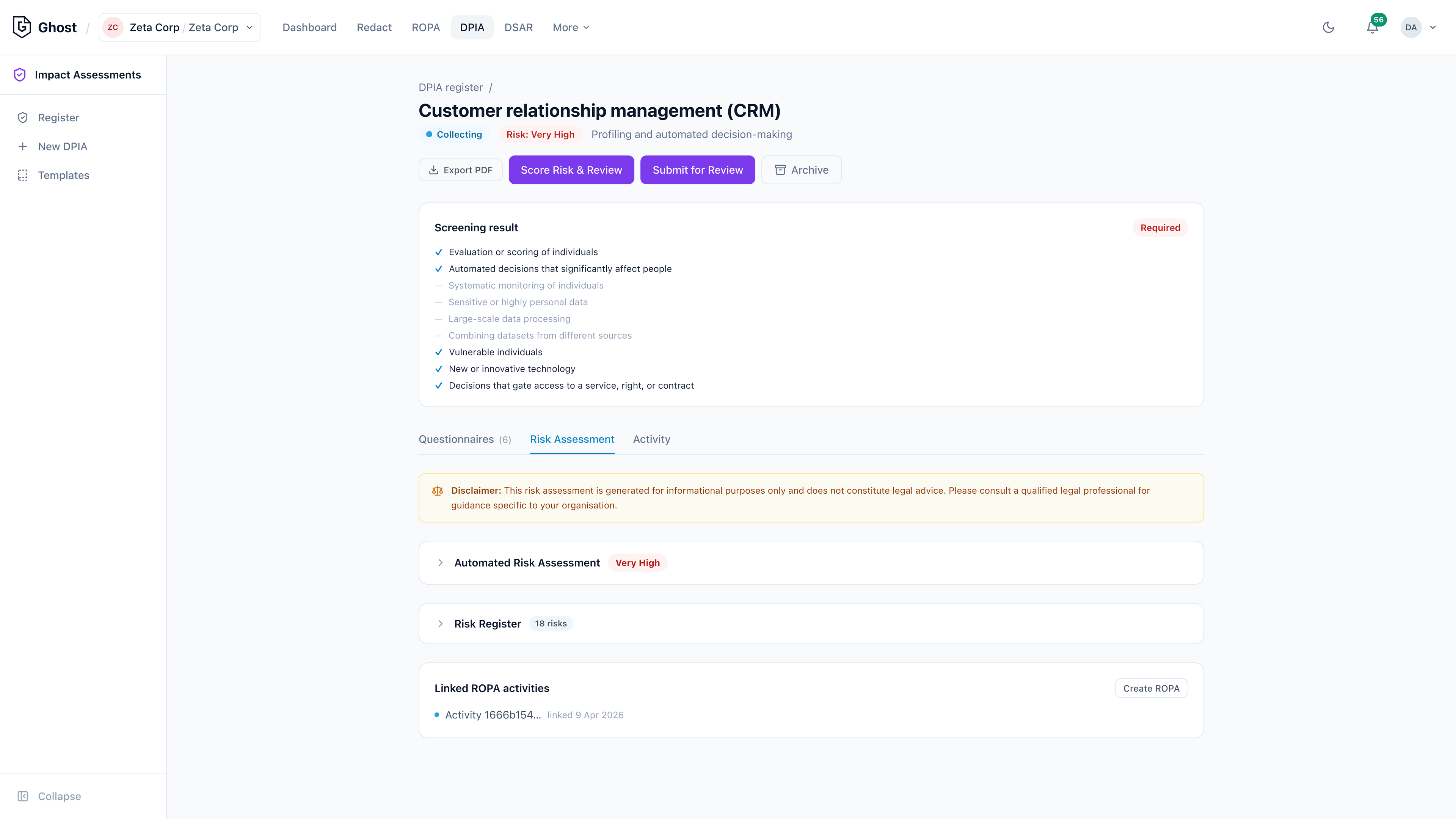 Ghost DPIA workspace: Risk tab with risk register, likelihood and impact scoring, and mitigations