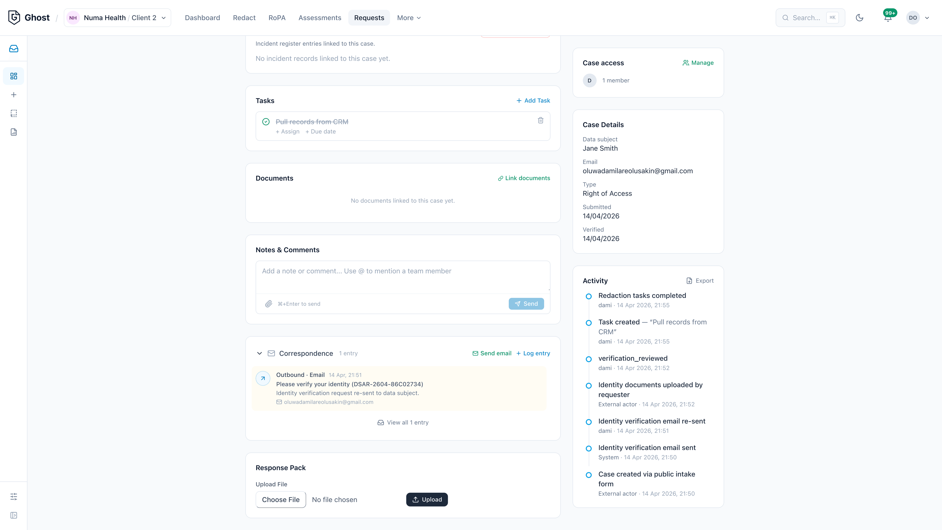 Ghost DSAR case audit log: append-only event timeline showing intake, identity verification, redactions, and disclosure events