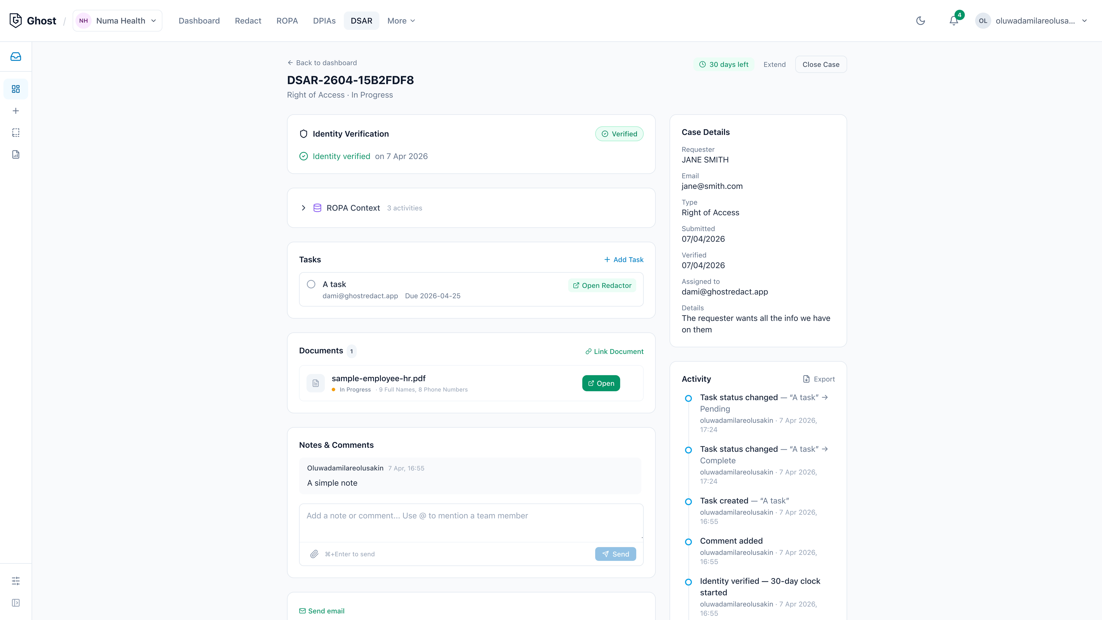 Ghost privacy request manager: case detail with identity verification, tasks, and redacted documents