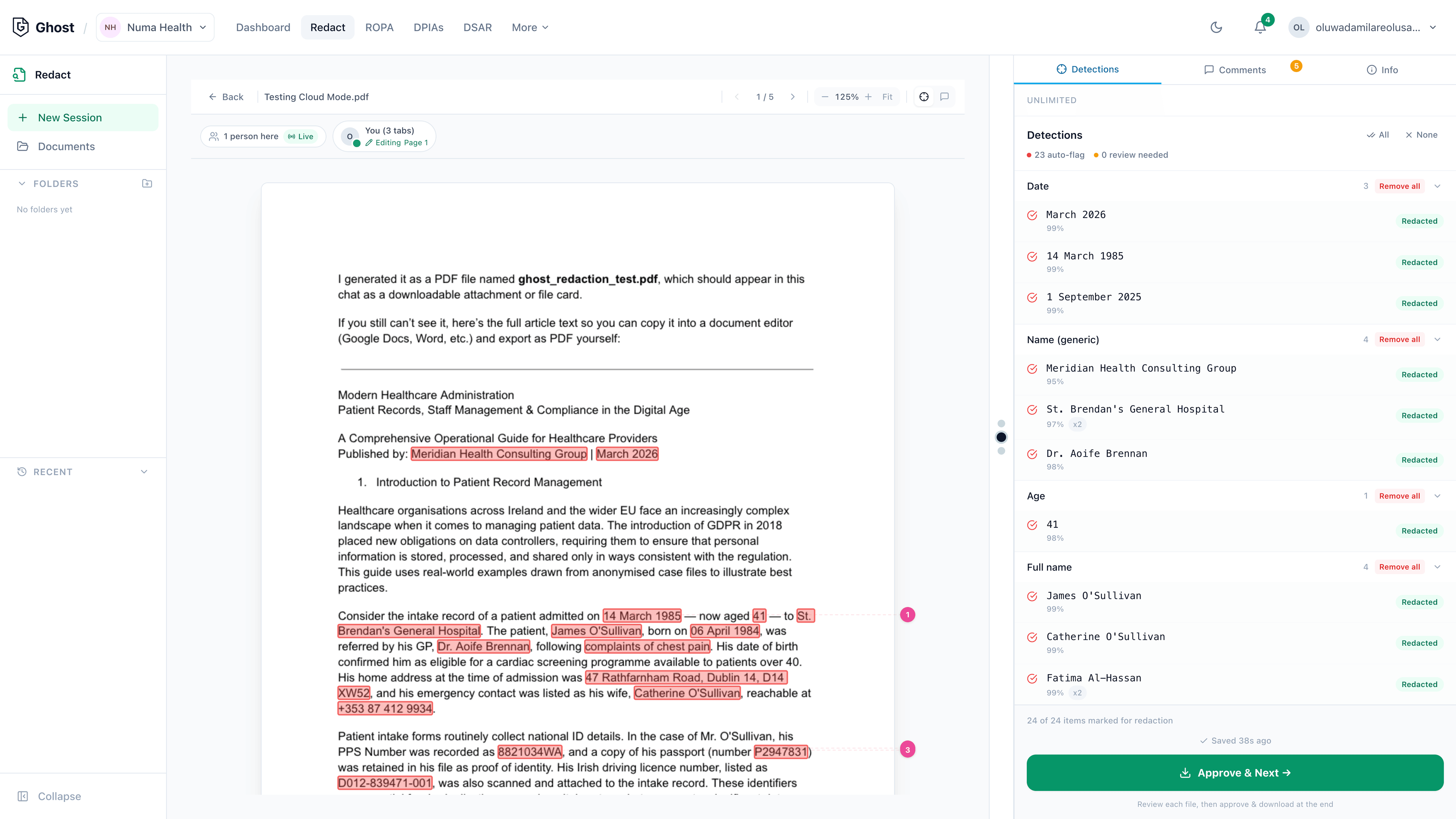Ghost document redaction: PDF workspace with AI-detected PII boxes ready for review